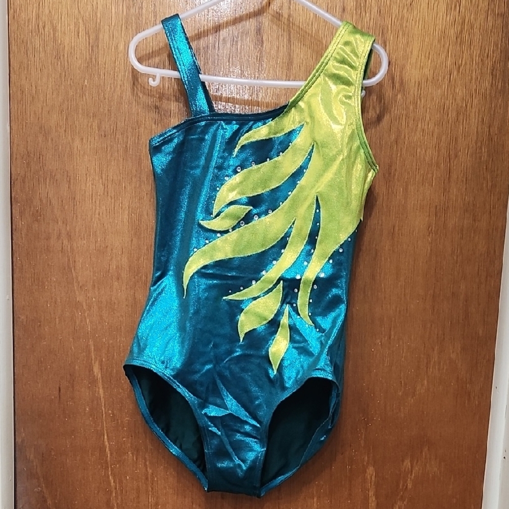 Balera Teal and Lime Green Asymmetrical Leotard